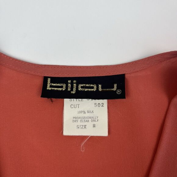 Vintage 90s Silk Midi Dress 8 Coral Fit & Flare Minimalist Wedding Office Retro - Picture 4 of 10